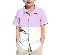duxyoz Boys' Short Sleeve Dress Shirts Color Block Casual Button Down Shirt Lapel Collar Summer Blouse Lightweight Breathable Soft Comfy Loose Tops Beach Hawaiian Shirts School Uniform 13-14 Years