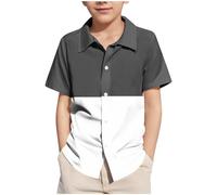 duxyoz Boys' Short Sleeve Dress Shirts Color Block Casual Button Down Shirt Lapel Collar Summer Blouse Lightweight Breathable Soft Comfy Loose Tops Beach Hawaiian Shirts School Uniform 13-14 Years