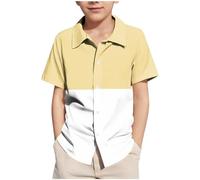 duxyoz Boys' Short Sleeve Dress Shirts Color Block Casual Button Down Shirt Lapel Collar Summer Blouse Lightweight Breathable Soft Comfy Loose Tops Beach Hawaiian Shirts School Uniform 14-15 Years