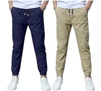 duxyoz Boys Sweatpants Cotton Linen Trousers 2-Pack Kids Jogging Bottoms with Pocket Drawstring Elastic Waist Loose Casual Joggers Pants Baggy Suit Bottom Breathable Sports Pants 12-13 Years
