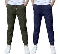 duxyoz Boys Sweatpants Cotton Linen Trousers 2-Pack Kids Jogging Bottoms with Pocket Drawstring Elastic Waist Loose Casual Joggers Pants Baggy Suit Bottom Breathable Sports Pants 11-12 Years