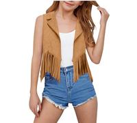 duxyoz Brown Girls Suede Fringe Waistcoat Cropped Open Front Cardigan Tops Cowgirls Hippie Dance Tassel Jacket Sleeveless Lapel Collar Casualcoats 70s Vintage Retro Streetwear Gilet 7-8 Years
