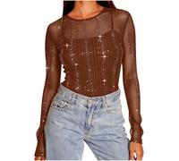 duxyoz Brown Sparkly Mesh Tops for Women Shiny Sheer Mesh Layering Top Long Sleeve Round Neck See-Through T Shirt Sparkle Sexy Sheer Blouse for Ladies Going Out Club Party Wear XXL