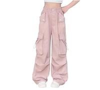 duxyoz Cargo Pants Girls Baggy Cargo Parachute Trousers Y2K Vintage Joggers High Waisted Lightweight Wide Leg Casual Trouser Elastic Waist Loose Oversize Joggers for Dancewear Age 7-8 Years
