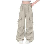 duxyoz Cargo Pants Girls Baggy Cargo Parachute Trousers Y2K Vintage Joggers High Waisted Lightweight Wide Leg Casual Trouser Elastic Waist Loose Oversize Joggers for Dancewear Age 14-15 Years