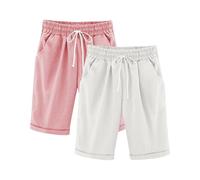 duxyoz Cotton Linen Shorts for Girls Elastic Waisted Straight Leg Kids Plain Joggers Shorts Baggy Casual Drawstring Pants Plain Comfy Going Out Beach Trousers with Pocket 11-12 Years