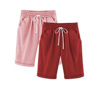 duxyoz Cotton Linen Shorts for Girls Elastic Waisted Straight Leg Kids Plain Joggers Shorts Baggy Casual Drawstring Pants Plain Comfy Going Out Beach Trousers with Pocket 12-13 Years