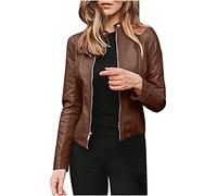 duxyoz Faux Leather Jacket Women'S PU Motorcycle Classic Biker Jacket Zip Up Short Outwear Ladies Fitted Bomber Cropped Vintage Stand Collar Long Sleeve Coat Open Front Cardigan 02 Coffee XL