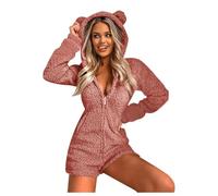 duxyoz Fleece Onesie Women Soft Comfy Hooded Onesies Luxury Warm Fleece Novelty Pajamas Nightwear Long Sleeve Casual Winter Warm Rompers Sleepwear Short Jumpsuit Homewear Loungewear 01Rose 3XL