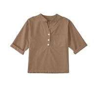 duxyoz Girl Boy Cotton Linen Shirt Short Sleeve Button Up Blouse Pullover Summer Solid Crewneck Shirts Kids Casual Basic Henley Shirt with Pocket Breathable School Dress Shirts Uniform 11-12 Years