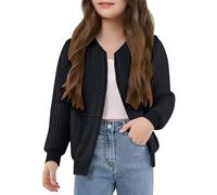 duxyoz Girls Bomber Jacket Long Sleeve Casual Loose Lightweight Baseball Jackets Solid Color Zip Up Jacquard Flight Jacket Coats Outwear with Pockets Black 11-12 Years
