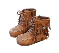 duxyoz Girls Booties Cowgirl Cowboy Tassel Boots Anti-Slip Flat Heel Retro Ankle Boots Pull On Dress Western Short Booties Suede Footwear Khaki UK Size 8