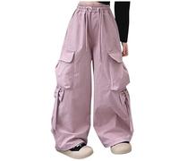 duxyoz Girls Cargo Trousers Oversized Y2k Vintage Joggers Elastic Waist Casual Baggy Parachute Trousers Cute Bow Design Solid Color Loose Hiking Camping Jogging Pants with Multi-Pockets 5-16 Years