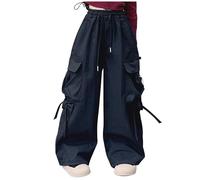 duxyoz Girls Cargo Trousers Oversized Y2k Vintage Joggers Elastic Waist Casual Baggy Parachute Trousers Cute Bow Design Solid Color Loose Hiking Camping Jogging Pants with Multi-Pockets 13-14 Years