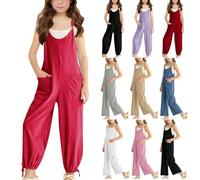 duxyoz Girls Casual Jumpsuits Spaghetti Strap Sleeveless Loose Comfortable Overalls Kids Rompers Long Pants with Pocket Teen Girls Baggy Plain Playsuits Dungarees for School Street Travel 13-14 Years