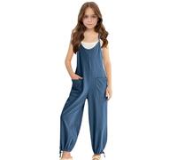 duxyoz Girls Casual Jumpsuits Spaghetti Strap Sleeveless Loose Comfortable Overalls Kids Rompers Long Pants with Pocket Teen Girls Baggy Plain Playsuits Dungarees for School Street Travel 13-14 Years