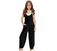 duxyoz Girls Casual Jumpsuits Spaghetti Strap Sleeveless Loose Comfortable Overalls Kids Rompers Long Pants with Pocket Teen Girls Baggy Plain Playsuits Dungarees for School Street Travel 5-6 Years