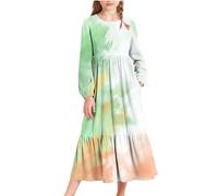 duxyoz Girls Casual Maxi Dress Gradient Tie Dye Long Sleeve Holiday Dresses with Pockets Loose Fit Kids T-Shirt Dresses Tiered High Waist Swing A-Line Tween Dress Fall Winter 14-15 Years B Green