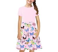 duxyoz Girl's Casual Summer Dress Short Sleeve Hawaiian Dresses Soft Basic T Shirt Dress Crewneck Loose Fit A-Line Mini Dress Kids Splicing Print Boho Sundress Swing Beach Dress 13-14 Years