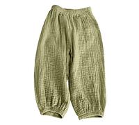 duxyoz Girls Cotton Linen Trousers Beach Pants Loungewear Summer Loose Baggy Trousers Solid Color Elastic Waist Lounge Pants Loose Fit Bottoms Lightweight Breathable Playwear Clothes 4-5 Years