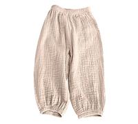 duxyoz Girls Cotton Linen Trousers Beach Pants Loungewear Summer Loose Baggy Trousers Solid Color Elastic Waist Lounge Pants Loose Fit Bottoms Lightweight Breathable Playwear Clothes 7-8 Years