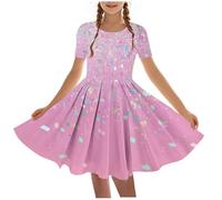 duxyoz Girls Dress Short Sleeve A Line Ballet Dance Dresses Swing Twirly Summer Casual Tshirt Dress Kids Elegant Stretchy School Midi Sundress Cute Printed Round Neck Party Dresses 9-10 Years