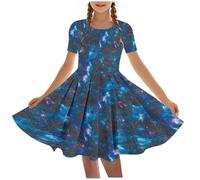 duxyoz Girls Dress Short Sleeve A Line Ballet Dance Dresses Swing Twirly Summer Casual Tshirt Dress Kids Elegant Stretchy School Midi Sundress Cute Printed Round Neck Party Dresses 15-16 Years