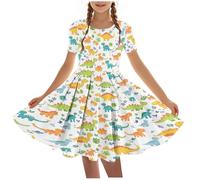 duxyoz Girls Dress Short Sleeve A Line Ballet Dance Dresses Swing Twirly Summer Casual Tshirt Dress Kids Elegant Stretchy School Midi Sundress Cute Printed Round Neck Party Dresses 15-16 Years