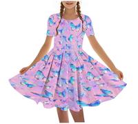 duxyoz Girls Dress Short Sleeve A Line Ballet Dance Dresses Swing Twirly Summer Casual Tshirt Dress Kids Elegant Stretchy School Midi Sundress Cute Printed Round Neck Party Dresses 13-14 Years