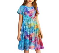 duxyoz Girls Dress Short Sleeve Skater Twirly A Line Dress Tie-Dye T-Shirt Dress for School Casual Kids Clothes Summer Dresses Party Birthday Princess Sundress Stretchy Comfy Dress 13-14 Years