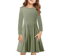 duxyoz Girls Dress Twirly Skater Dress Long Sleeve A-Line Swing Dresses Kids School Dress Solid Color Plain Dance Dress Round Neck Casual Spring Summer Dress 2025 Flare Midi Dress 7-8 Years