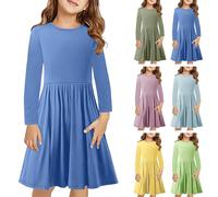 duxyoz Girls Dress Twirly Skater Dress Long Sleeve A-Line Swing Dresses Kids School Dress Solid Color Plain Dance Dress Round Neck Casual Spring Summer Dress 2025 Flare Midi Dress 13-14 Years