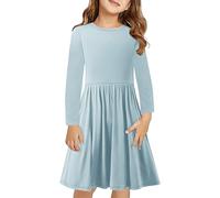 duxyoz Girls Dress Twirly Skater Dress Long Sleeve A-Line Swing Dresses Kids School Dress Solid Color Plain Dance Dress Round Neck Casual Spring Summer Dress 2025 Flare Midi Dress 11-12 Years