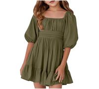 duxyoz Girls' Dresses Short Sleeve Bow Tie Back Dress Square Neck Ruffle Hem Elegant Party Dresses Flowy A-Line Sundress Swing Tiered Casual Dress Smocked Kids Solid Beach Mini Sundress 5-6 Years