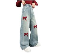duxyoz Girls Elastic Waist Wide Leg Jean Denim Pants Casual Loose Vintage Basic Bootcut Jeans Retro Classic Streetwear Long Pant Trendy Comfy Ripped Denim Trousers for Kids with Pockets 7-8 Years
