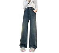 duxyoz Girls Elastic Waist Wide Leg Jean Denim Pants Casual Loose Vintage Basic Bootcut Jeans Retro Classic Streetwear Long Pant Trendy Comfy Ripped Denim Trousers for Kids with Pockets 14-15 Years