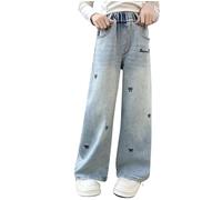 duxyoz Girls Elastic Waist Wide Leg Jean Denim Pants Casual Loose Vintage Basic Bootcut Jeans Retro Classic Streetwear Long Pant Trendy Comfy Ripped Denim Trousers for Kids with Pockets 13-14 Years
