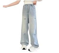 duxyoz Girls Elastic Waist Wide Leg Jean Denim Pants Casual Loose Vintage Basic Bootcut Jeans Retro Classic Streetwear Long Pant Trendy Comfy Ripped Denim Trousers for Kids with Pockets 12-13 Years