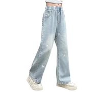 duxyoz Girls Elastic Waist Wide Leg Jean Denim Pants Casual Loose Vintage Basic Bootcut Jeans Retro Classic Streetwear Long Pant Trendy Comfy Ripped Denim Trousers for Kids with Pockets 9-10 Years