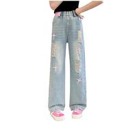 duxyoz Girls Elastic Waist Wide Leg Jean Denim Pants Casual Loose Vintage Basic Bootcut Jeans Retro Classic Streetwear Long Pant Trendy Comfy Ripped Denim Trousers for Kids with Pockets 9-10 Years
