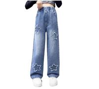 duxyoz Girls Elastic Waist Wide Leg Jean Denim Pants Casual Loose Vintage Basic Bootcut Jeans Retro Classic Streetwear Long Pant Trendy Comfy Ripped Denim Trousers for Kids with Pockets 9-10 Years