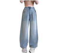 duxyoz Girls Elastic Waist Wide Leg Jean Denim Pants Casual Loose Vintage Basic Bootcut Jeans Retro Classic Streetwear Long Pant Trendy Comfy Ripped Denim Trousers for Kids with Pockets 12-13 Years