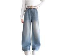 duxyoz Girls Elastic Waist Wide Leg Jean Denim Pants Casual Loose Vintage Basic Bootcut Jeans Retro Classic Streetwear Long Pant Trendy Comfy Ripped Denim Trousers for Kids with Pockets