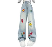 duxyoz Girls Elastic Waist Wide Leg Jean Denim Pants Casual Loose Vintage Basic Bootcut Jeans Retro Classic Streetwear Long Pant Trendy Comfy Ripped Denim Trousers for Kids with Pockets 14-15 Years