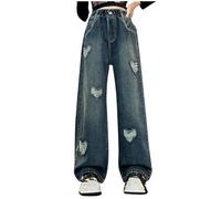 duxyoz Girls Elastic Waist Wide Leg Jean Denim Pants Casual Loose Vintage Basic Bootcut Jeans Retro Classic Streetwear Long Pant Trendy Comfy Ripped Denim Trousers for Kids with Pockets 11-12 Years