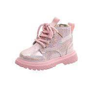 duxyoz Girls Glitter Ankle Boots Little Kid Sparkle Lace Up Combat Boots Side Zipper Chunky Low Heel Shiny Dress Booties Waterproof Shoes Easy On/Off Pink UK Size 9