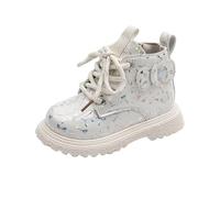 duxyoz Girls Glitter Ankle Boots Little Kid Sparkle Lace Up Combat Boots Side Zipper Chunky Low Heel Shiny Dress Booties Waterproof Shoes Easy On/Off White UK Size 5.5