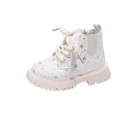 duxyoz Girls Glitter Ankle Boots Little Kid Sparkle Lace Up Combat Boots Side Zipper Chunky Low Heel Shiny Dress Booties Waterproof Shoes Easy On/Off White UK Size 10.5