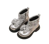 duxyoz Girls Glitter Ankle Boots Pu Leather Dress Shoes with Side Zippers Sequin Bow Combat Booties Shiny Mid Calf Flat Chelsea School Shoes Waterproof Silver UK Size 11
