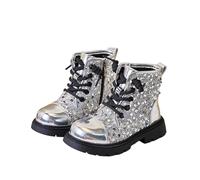 duxyoz Girls Glitter Dress Boots - Sequin Combat Boots with Side Zipper,Sparkly Lace Up Ankle Boot,Cute Shiny Waterproof Ankle School Shoes Silver UK Size 11